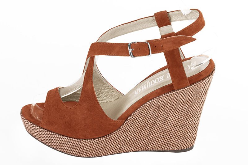 Terracotta orange women's open back sandals, with crossed straps. Round toe. Very high wedge soles. Profile view - Florence KOOIJMAN